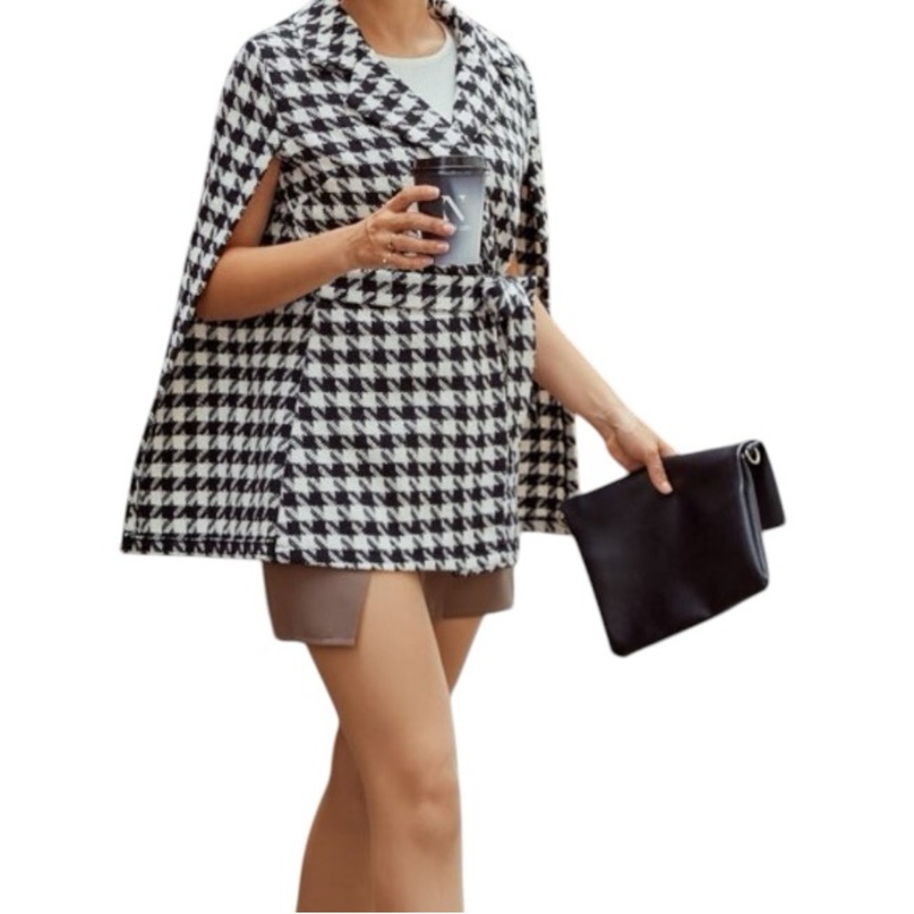 Shein Houndstooth Pattern Belted Tweed Cape Coat Size Small Elegant Fall Trendy